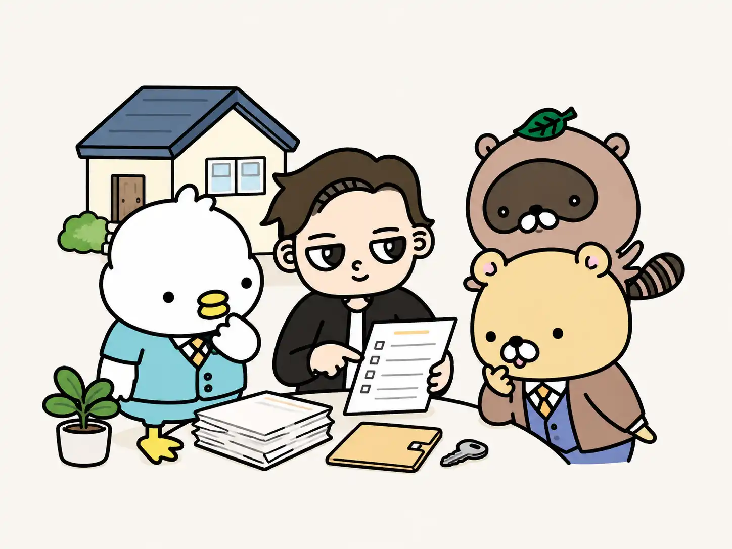 空き家について資料を確認するバクガとキャラクターたちのイラスト